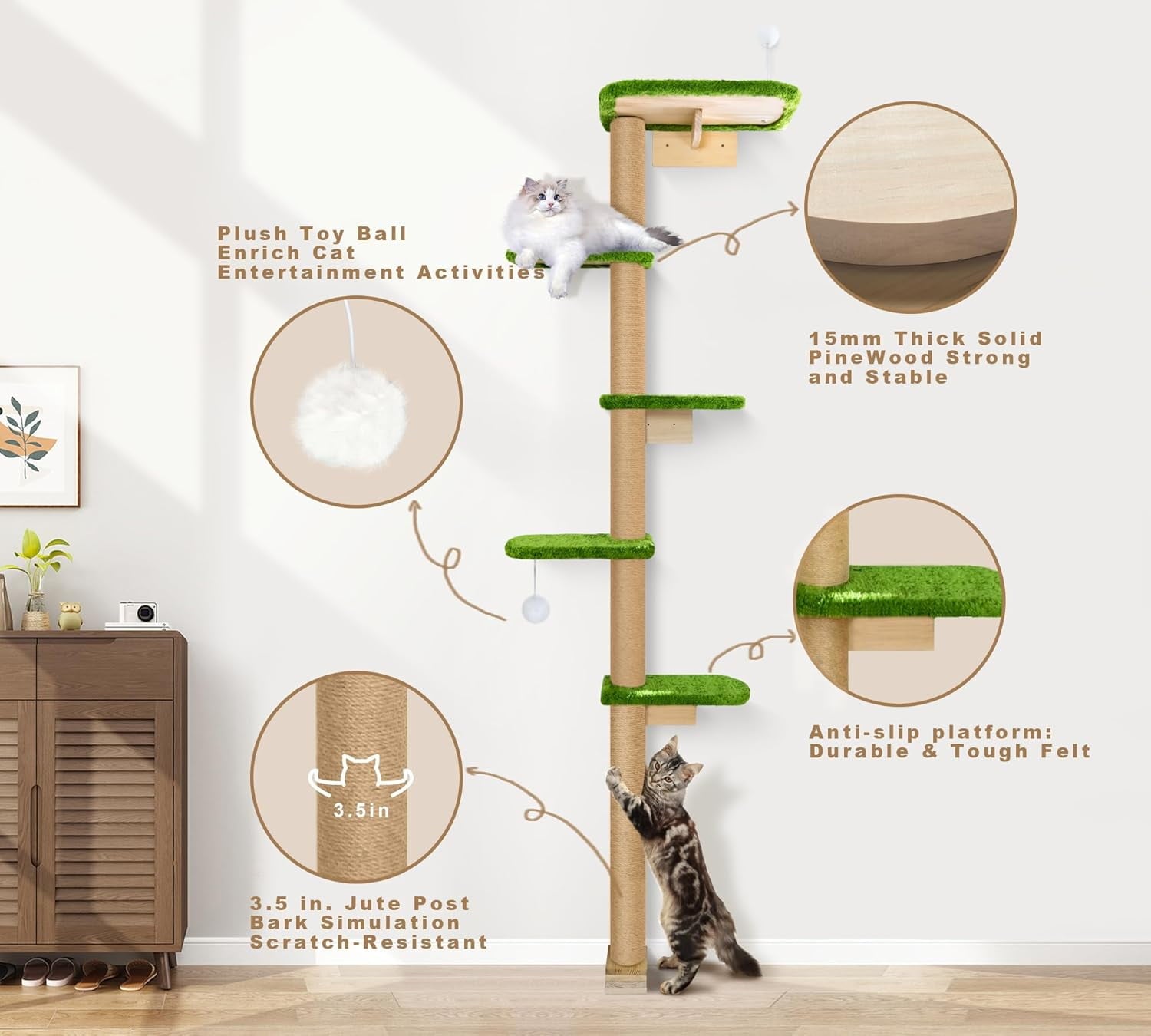 Peluomoz Adjustable Height Floor-to-Ceiling Cat Tree - Wall-Mounted 5-Platform Kitten Climber with Green Plush Pads