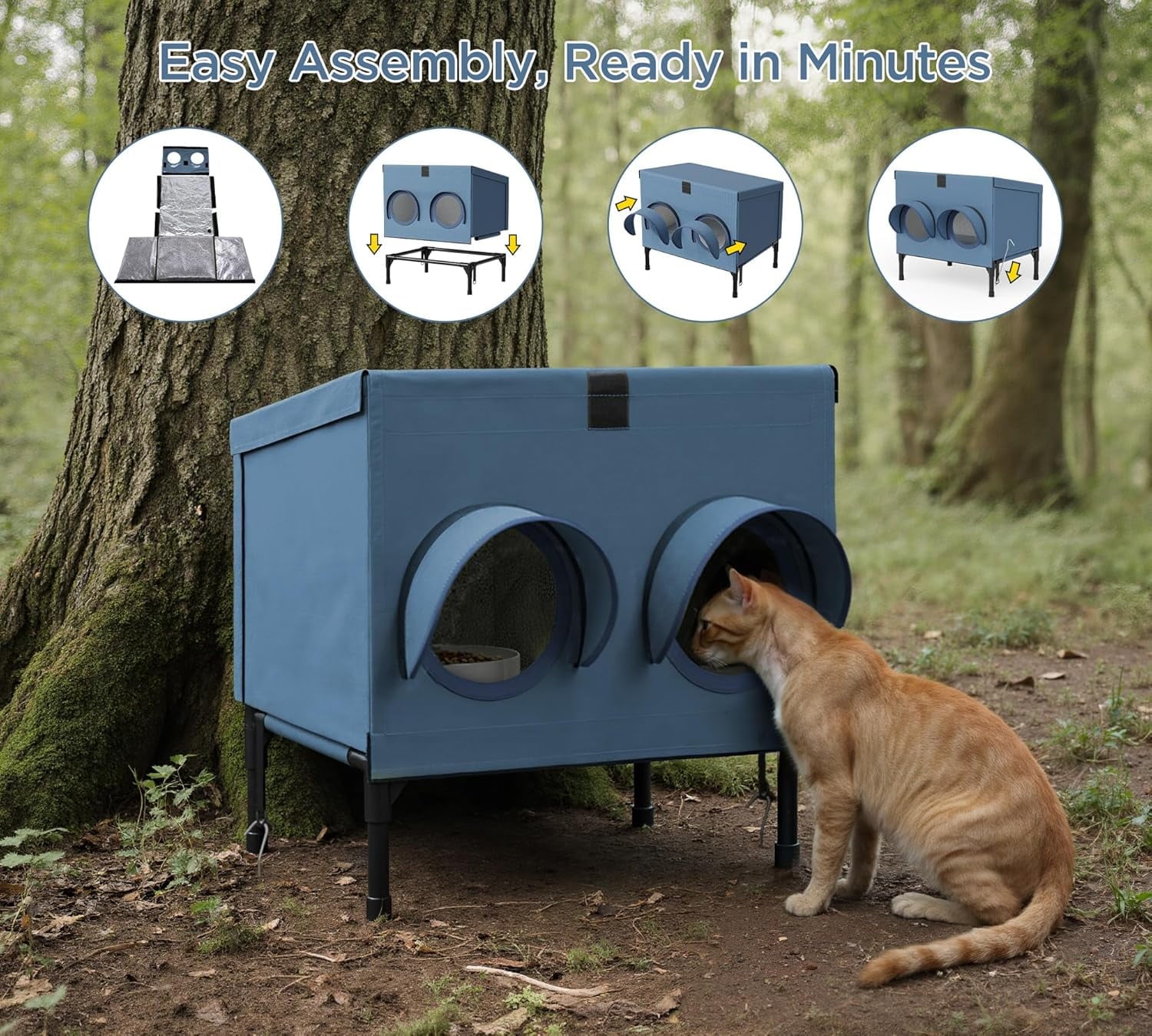 Outdoor Cat Feeding Shelter for Feral & Stray Cats, Insulated Dining Room with Slanted Roof & Double Feed Hole, Connects to PELUOMOZ Cat Houses, Windproof & Weatherproof - Navy Blue, 16" x 12" x 15.5"