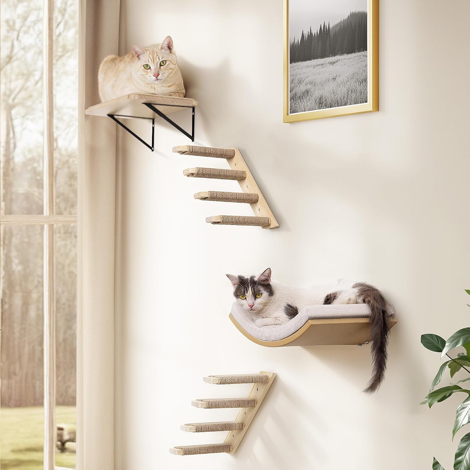 Cats Wall Shelves with Sponge Mat, Cat Climbing Tree with 2 Steps Square Platforms and Curved Platforms, Wooden Cat Wall Furniture Set for Sleeping and Playing
