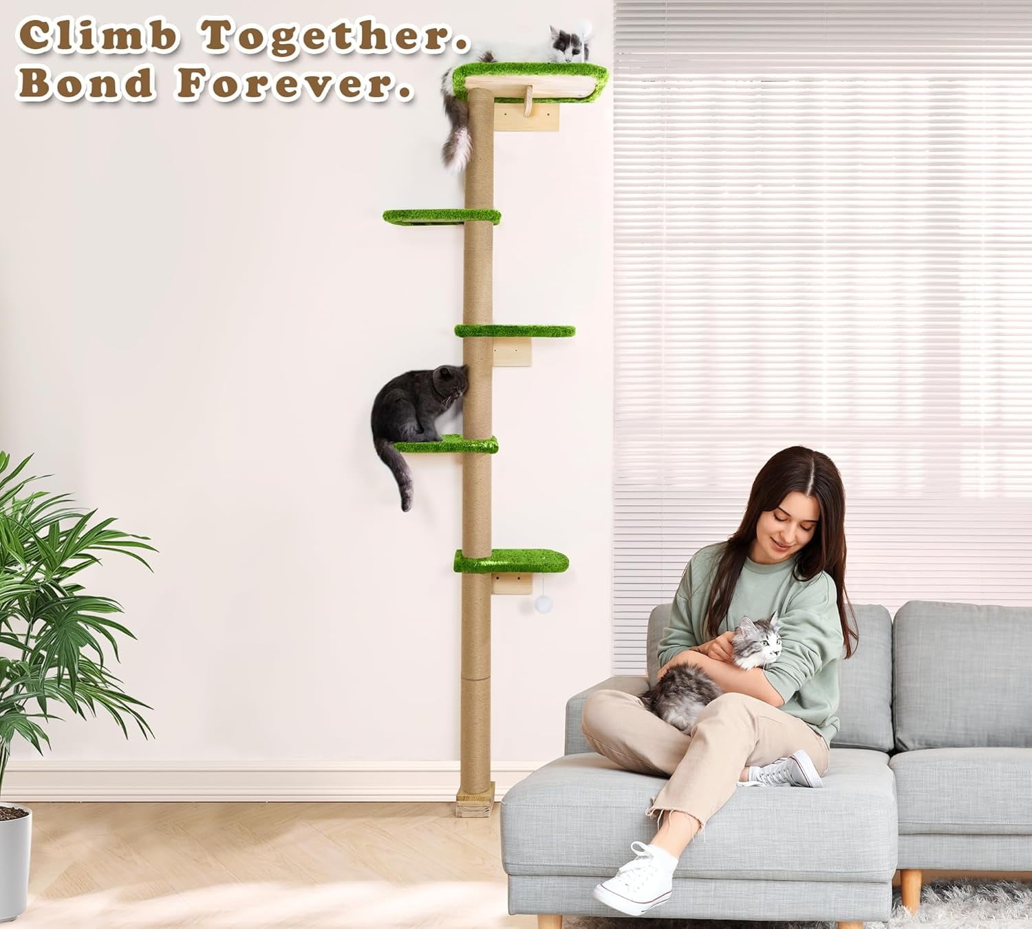 Peluomoz Adjustable Height Floor-to-Ceiling Cat Tree - Wall-Mounted 5-Platform Kitten Climber with Green Plush Pads