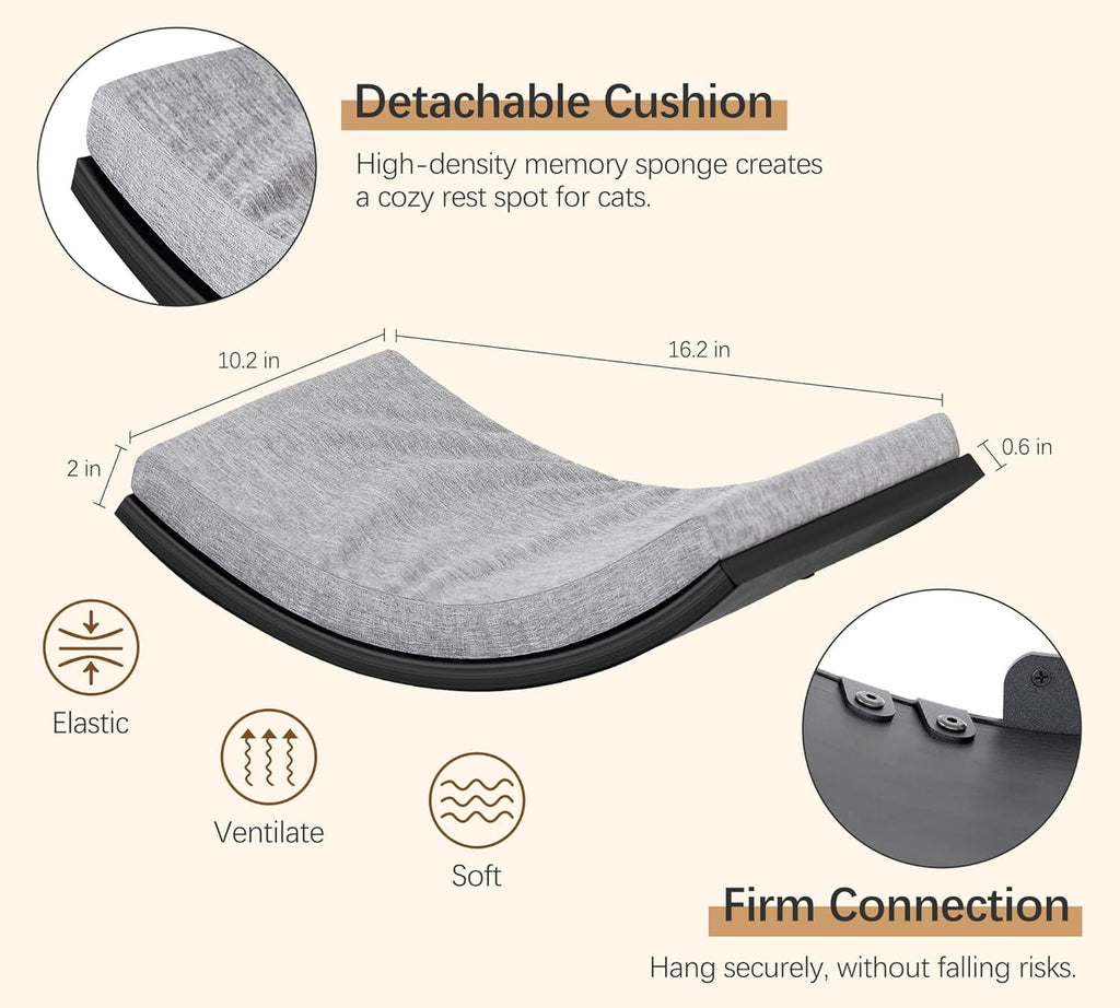 Peluomoz Curved Wooden Cat Wall Perch (Black & Gray) - Wall-Mounted Foam Mat Sleeper & Play Platform for Indoor Use