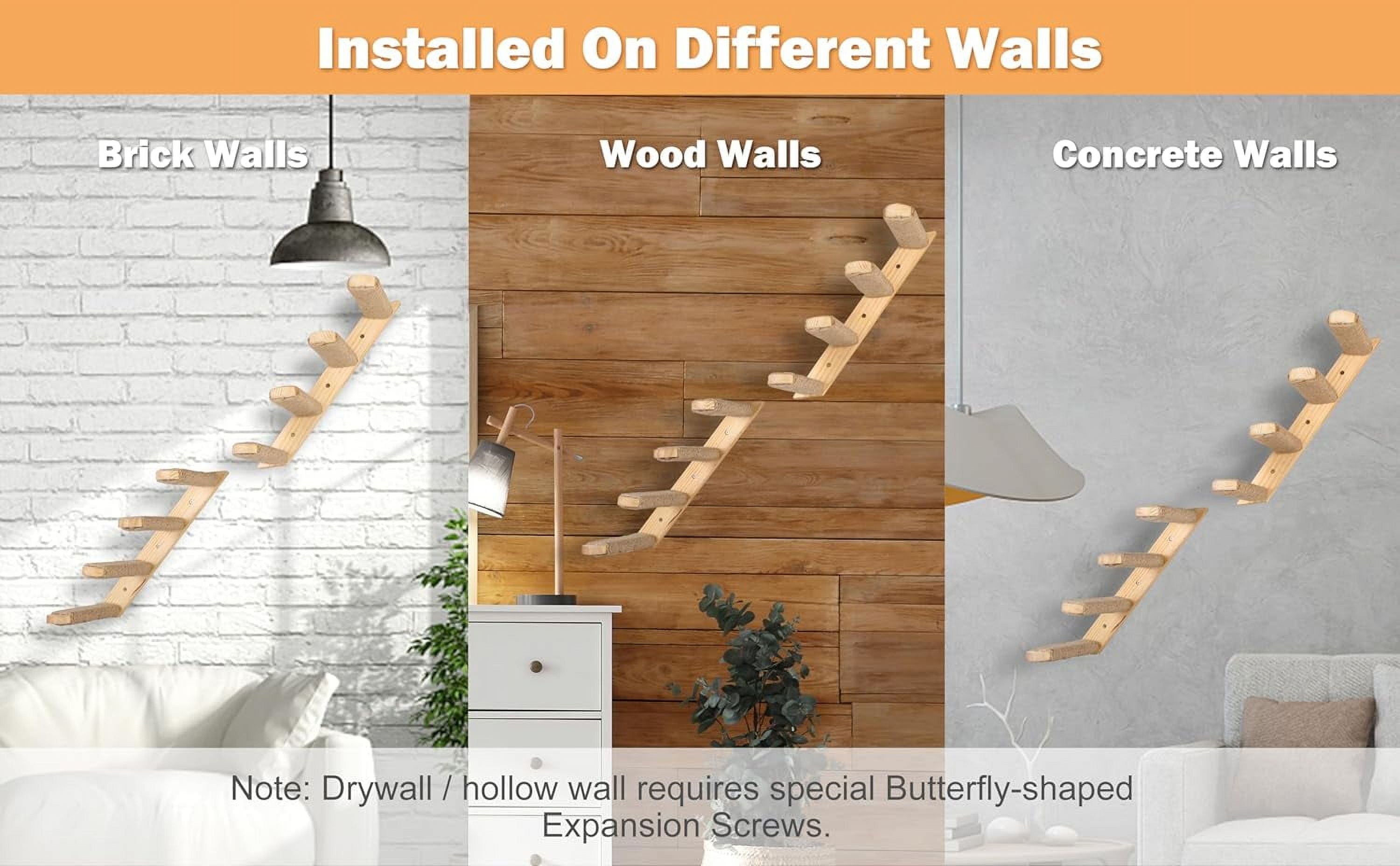 PELUOMOZ Natural Wood 4-Step Reversible Cat Stair Shelf - Wall-Mounted Sisal Rope Climber Furniture