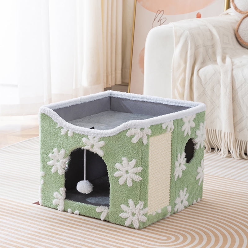 PELUOMOZ Clawable Large Indoor Cat House with Scratch Pad & Fluffy Ball Hanging, Green Flower