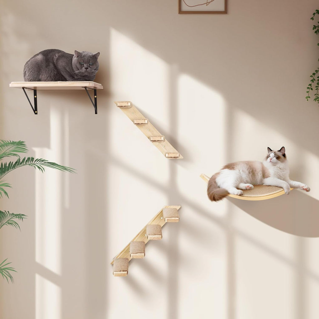 Peluomoz Curved Wood Cat Wall Perch - Wall-Mounted Floating Indoor Platform with Sisal Mat (Sleeper & Climb Shelf)