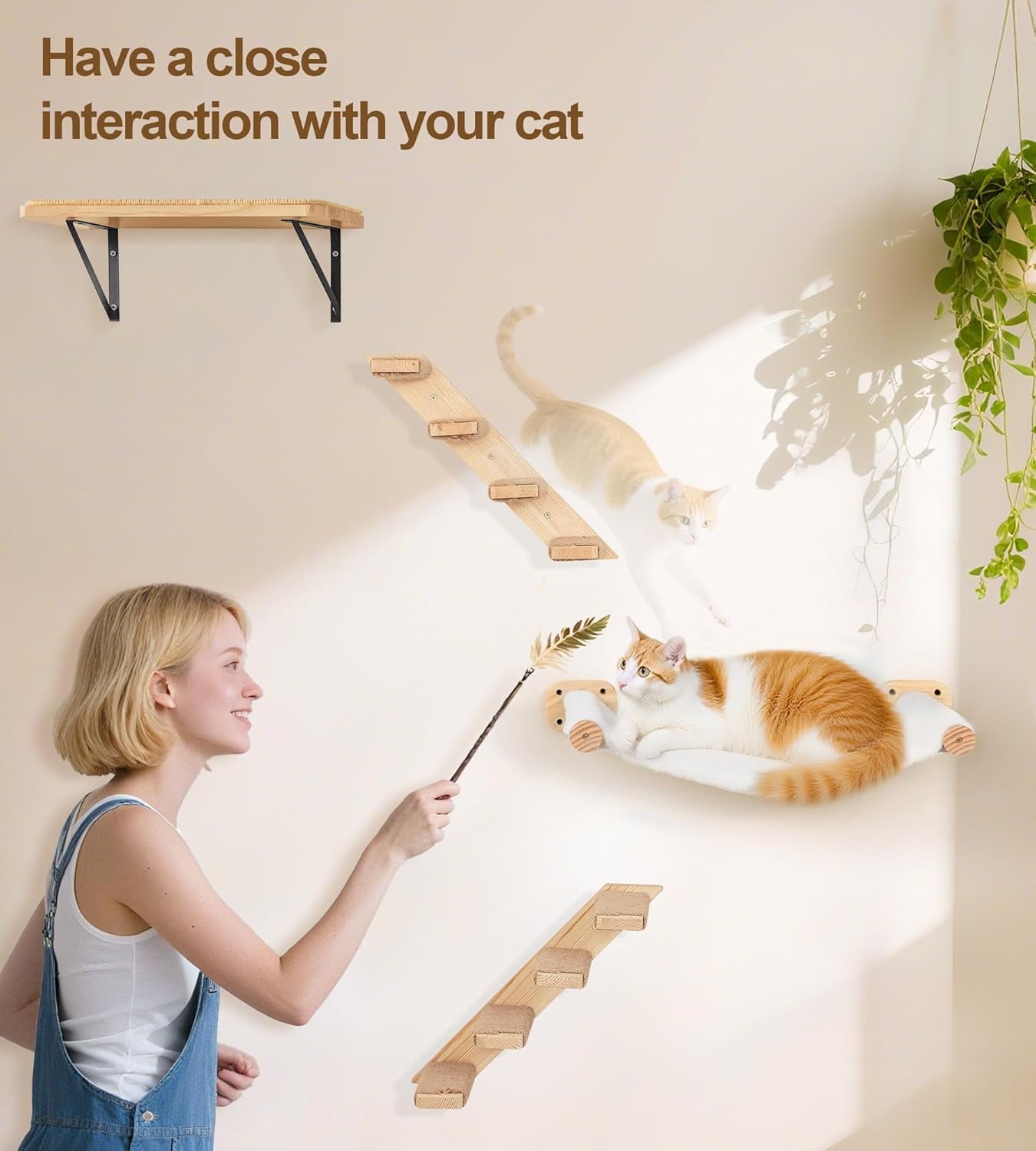 Cat Wall Hammock, Dual-Sided Cat Wall Bed with Canvas & Plush Fabric for All Seasons, Wall Mounted Shelf for Large Cats, Modern Perches for Lounging & Napping