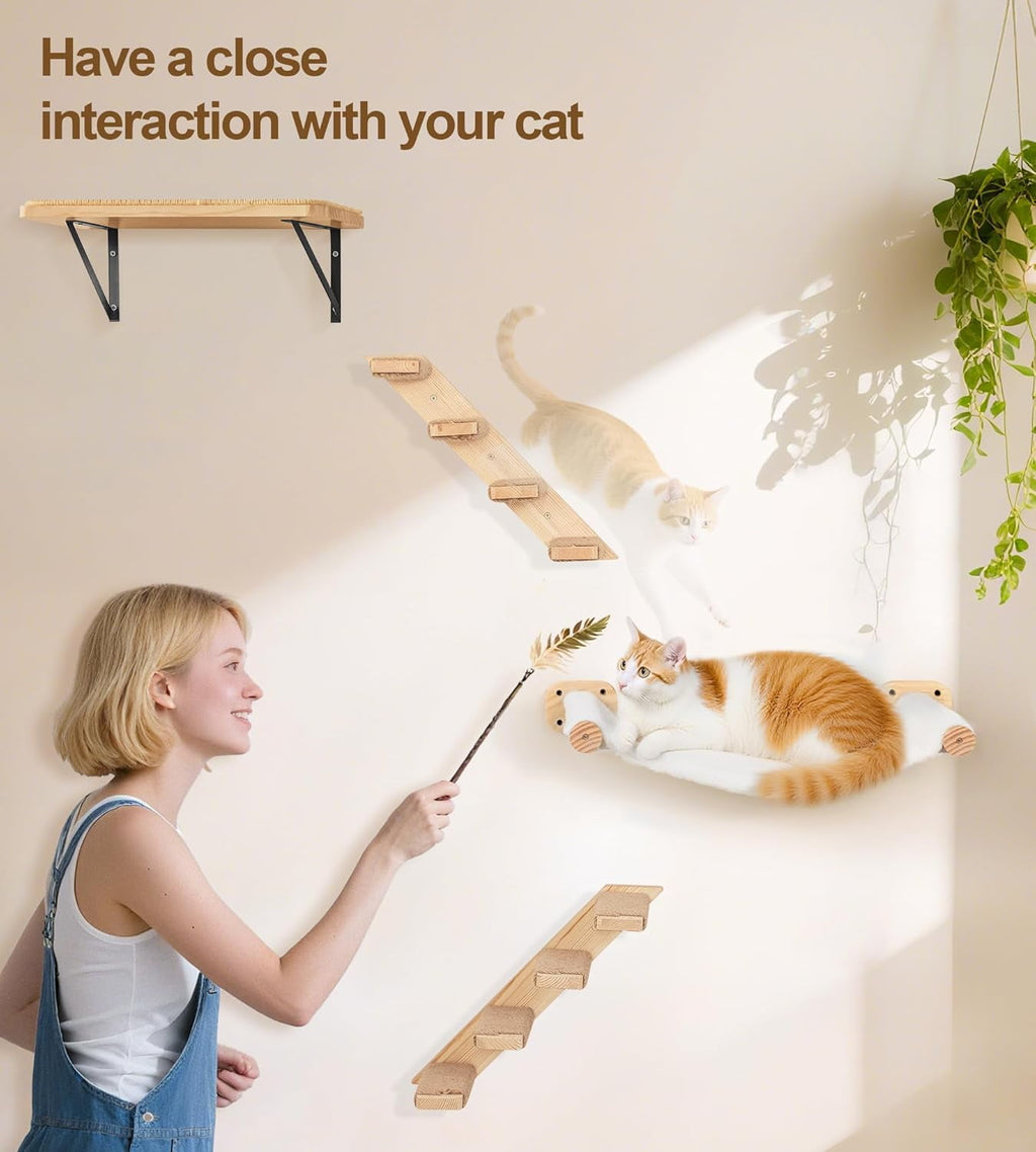 Peluomoz Beige 4-Piece Wall-Mounted Cat Hammock Set - Floating Bed + 2 4-Step Ladders & Flat Shelf (Indoor Playground)