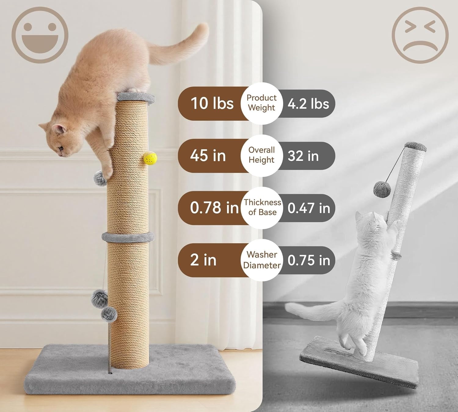Peluomoz 36-Inch Sisal Cat Scratching Post with Perch, Gray
