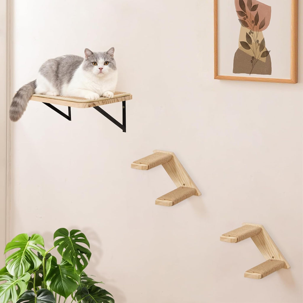 Cat Climbing Stair Shelf Wall Mounted Reversible Left & Right Direction, Cat Stairway Shelf for Climbing with Sisal Rope Ladder Cat Wall Furniture