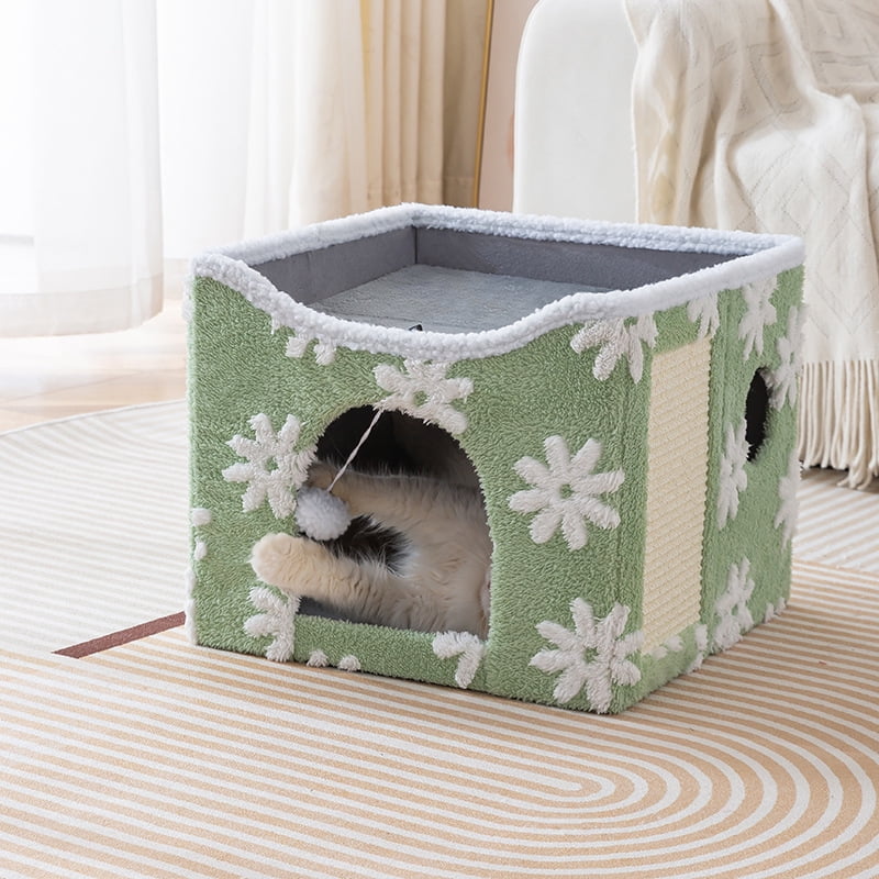 PELUOMOZ Clawable Large Indoor Cat House with Scratch Pad & Fluffy Ball Hanging, Green Flower