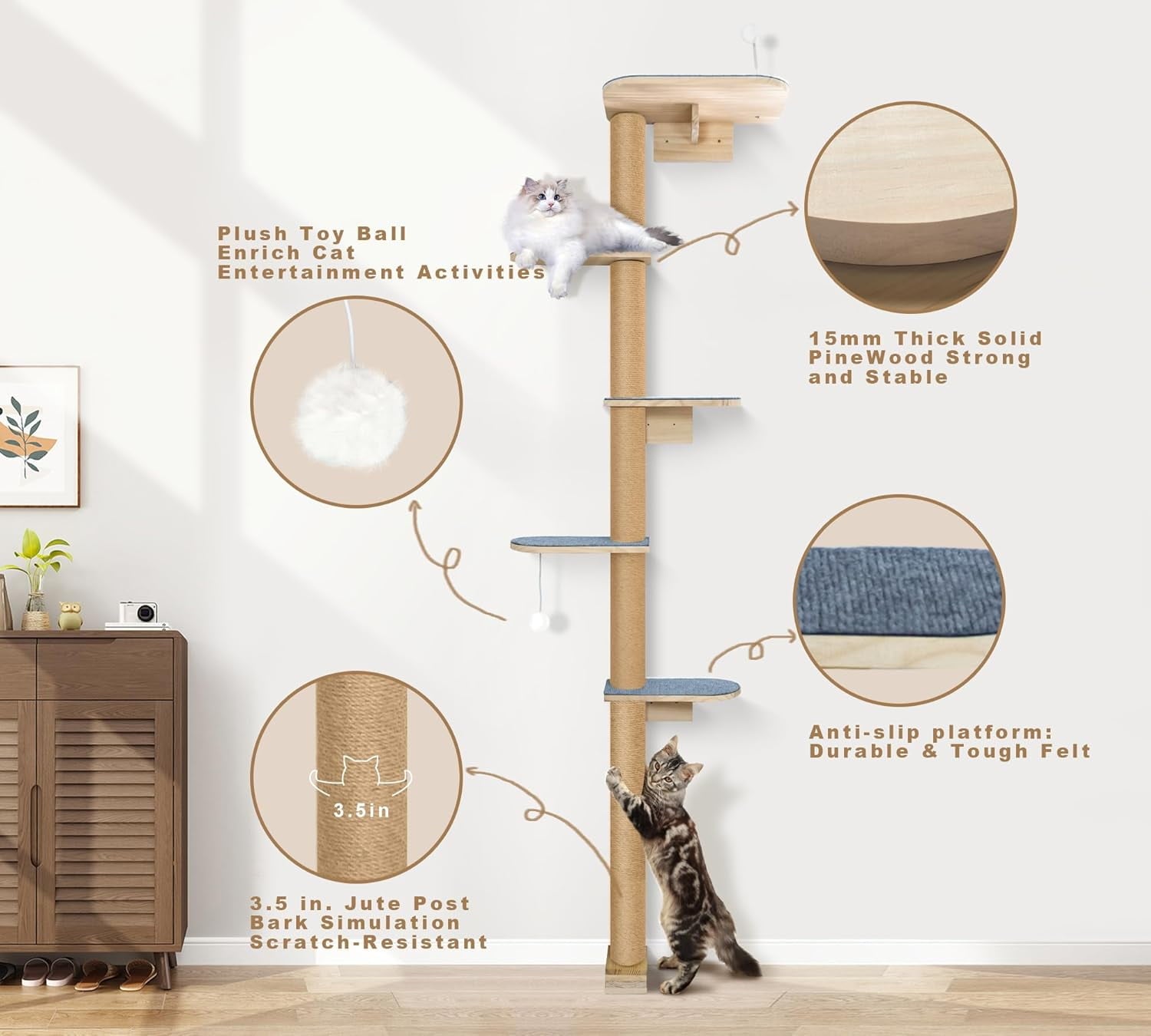 Peluomoz Adjustable Height Floor-to-Ceiling Kitten Cat Tree - Wall-Mounted 5-Tier Natural Pine Shelves with Grey Felt Pads