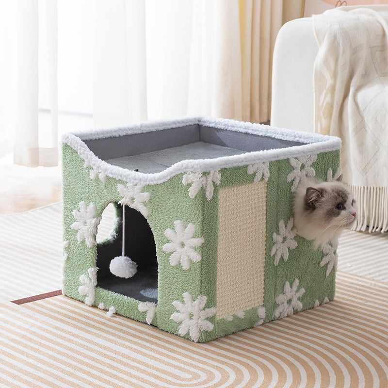 PELUOMOZ Clawable Large Indoor Cat House with Scratch Pad & Fluffy Ball Hanging, Green Flower