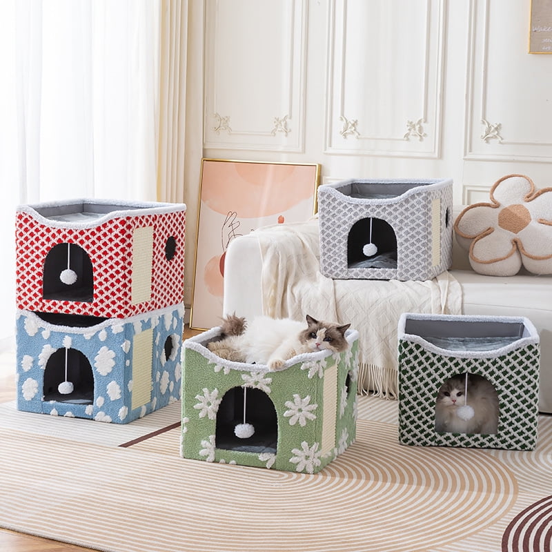 PELUOMOZ Clawable Large Indoor Cat House with Scratch Pad & Fluffy Ball Hanging, Green Flower