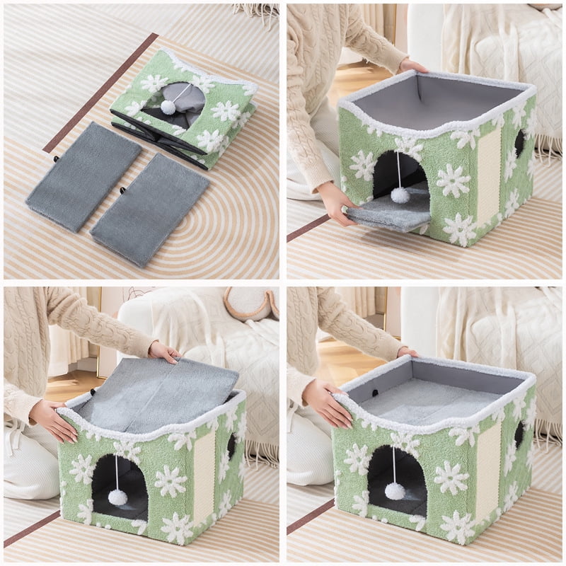 PELUOMOZ Clawable Large Indoor Cat House with Scratch Pad & Fluffy Ball Hanging, Green Flower