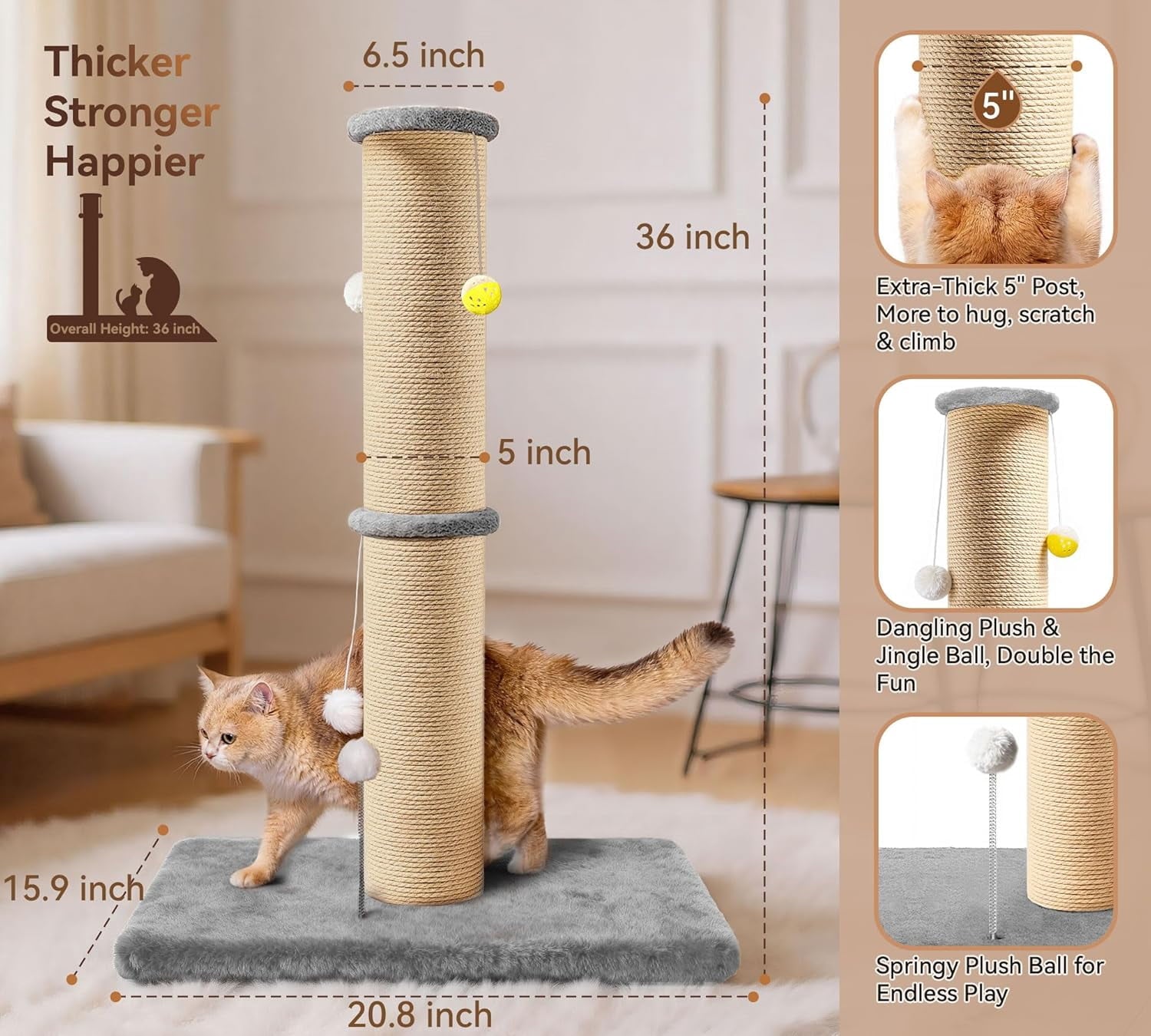 Peluomoz 36-Inch Sisal Cat Scratching Post with Perch, Gray