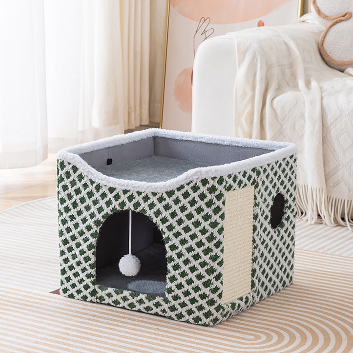 Peluomoz Clawsable Large Indoor Cat House with Scratch Pad & Fluffy Ball Hanging, Green